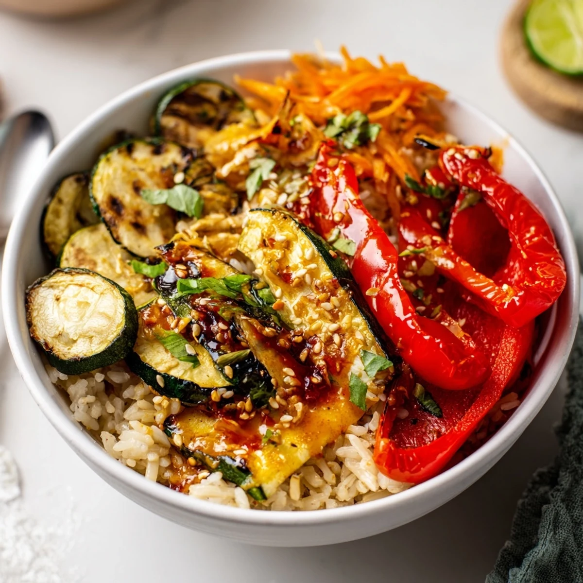 Spicy Chili Crisp Roasted Zucchini Veggie Bowl with Sesame Seeds, bright lime wedges