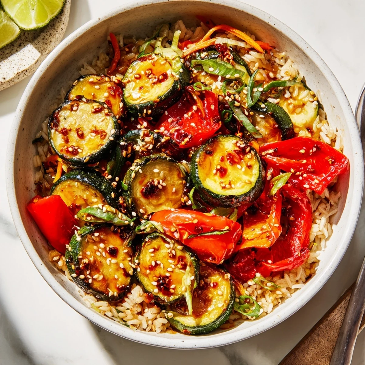 Toasted sesame crunch on Spicy Chili Crisp Roasted Zucchini Veggie Bowl with Sesame Seeds