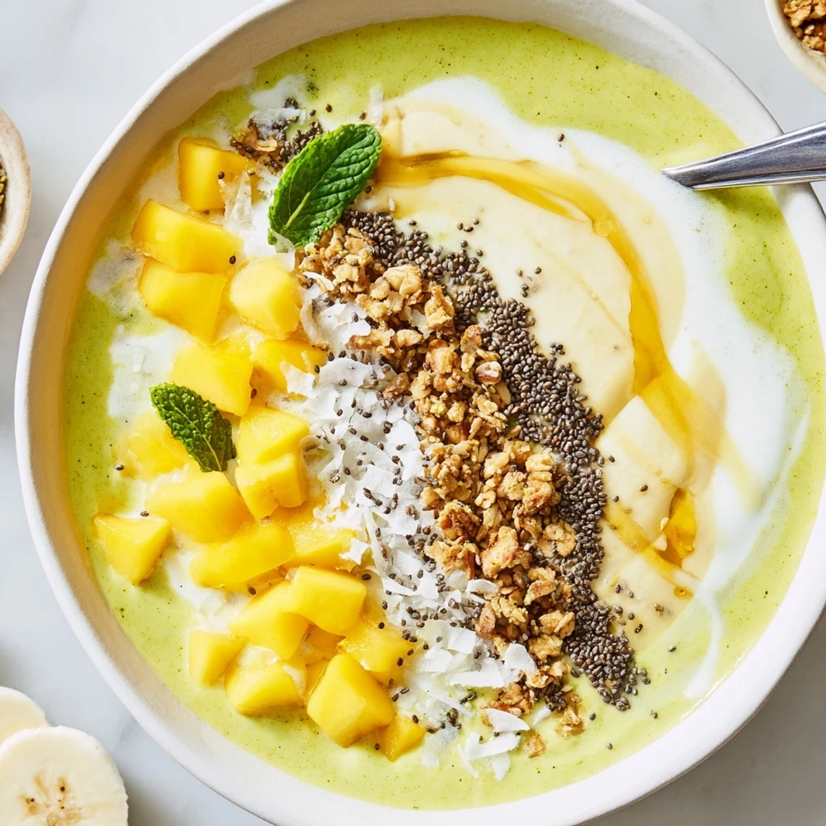 Mango Coconut Matcha Smoothie Bowl with Granola Crunch, creamy green base, crunchy topping