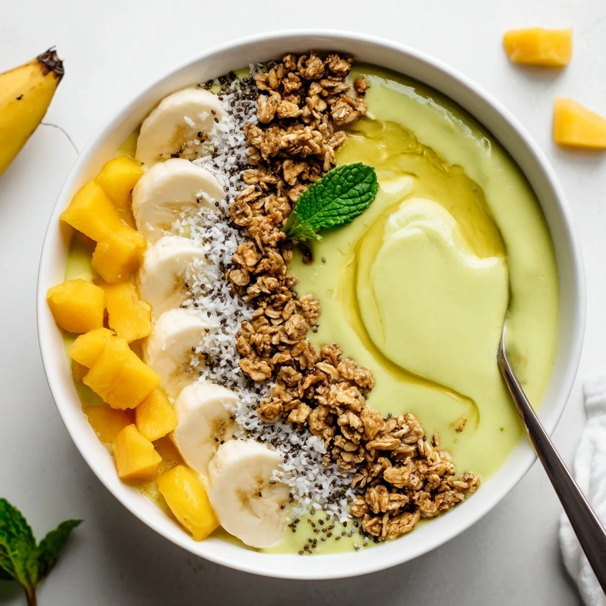 Shaved coconut and chia seeds top Mango Coconut Matcha Smoothie Bowl with Granola Crunch