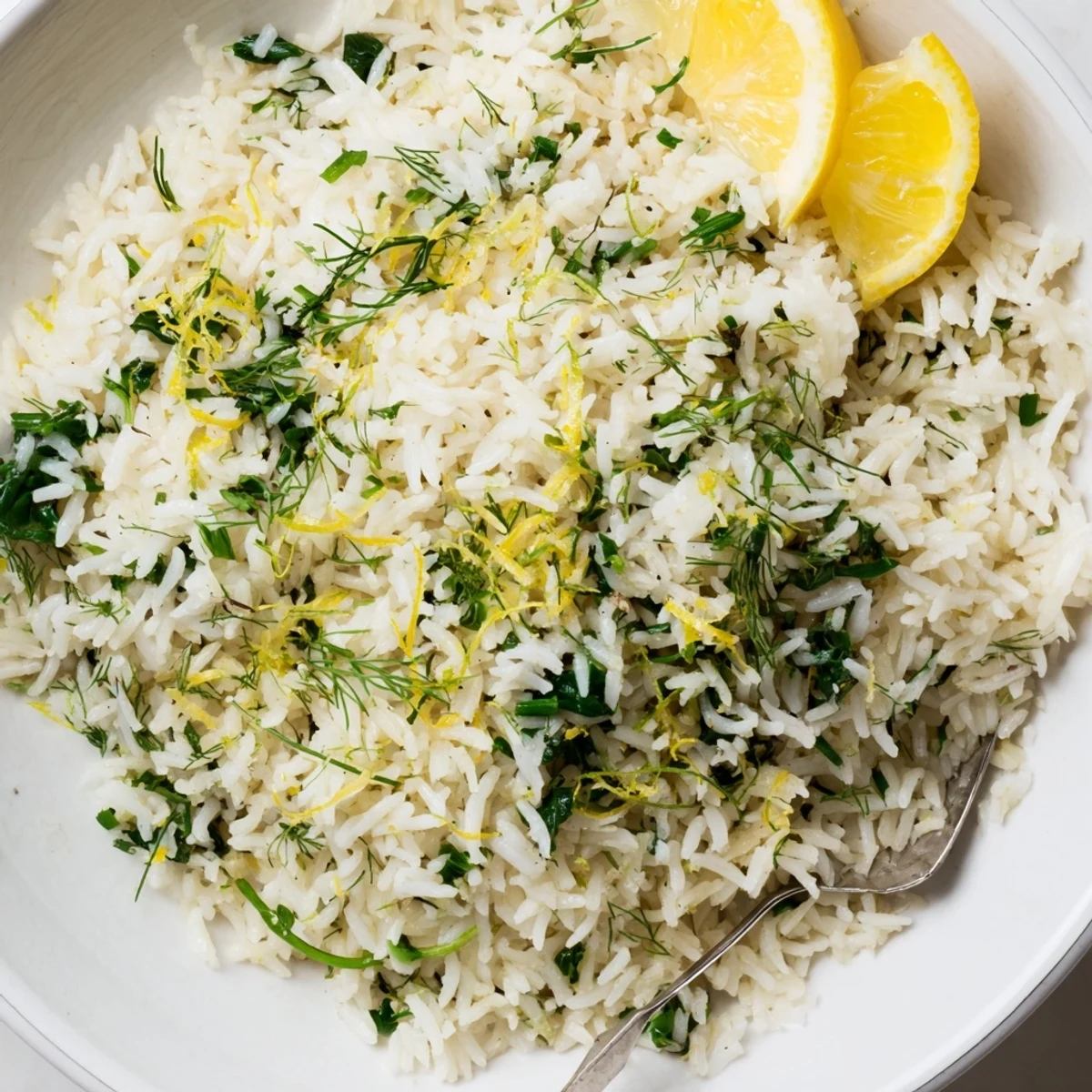 Steam rising from Garlic Lemon Herb Basmati Rice with Spinach, bright lemony aroma
