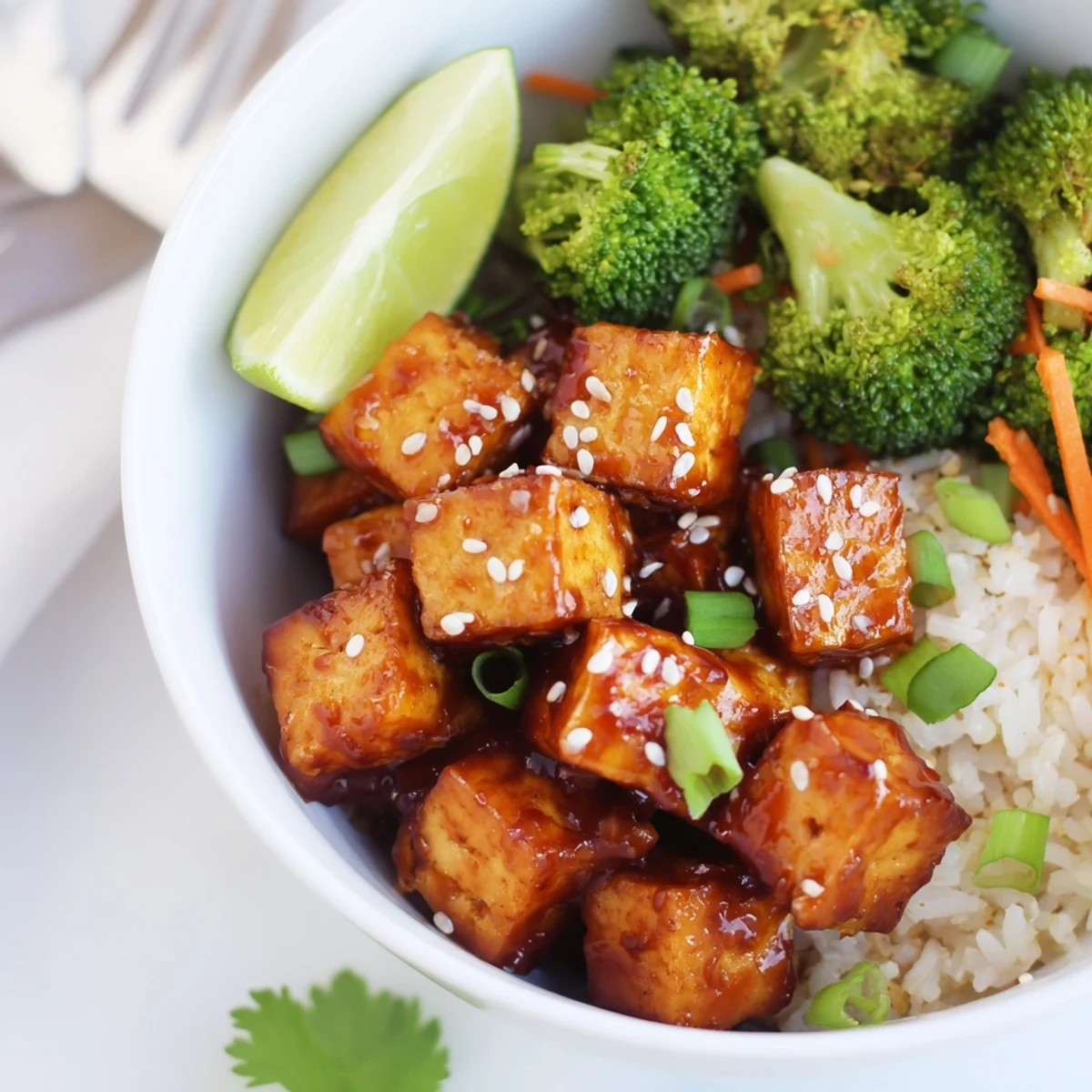 Sticky Maple Sriracha Tofu Vegan Bowl with Sesame Broccoli glistening over rice.