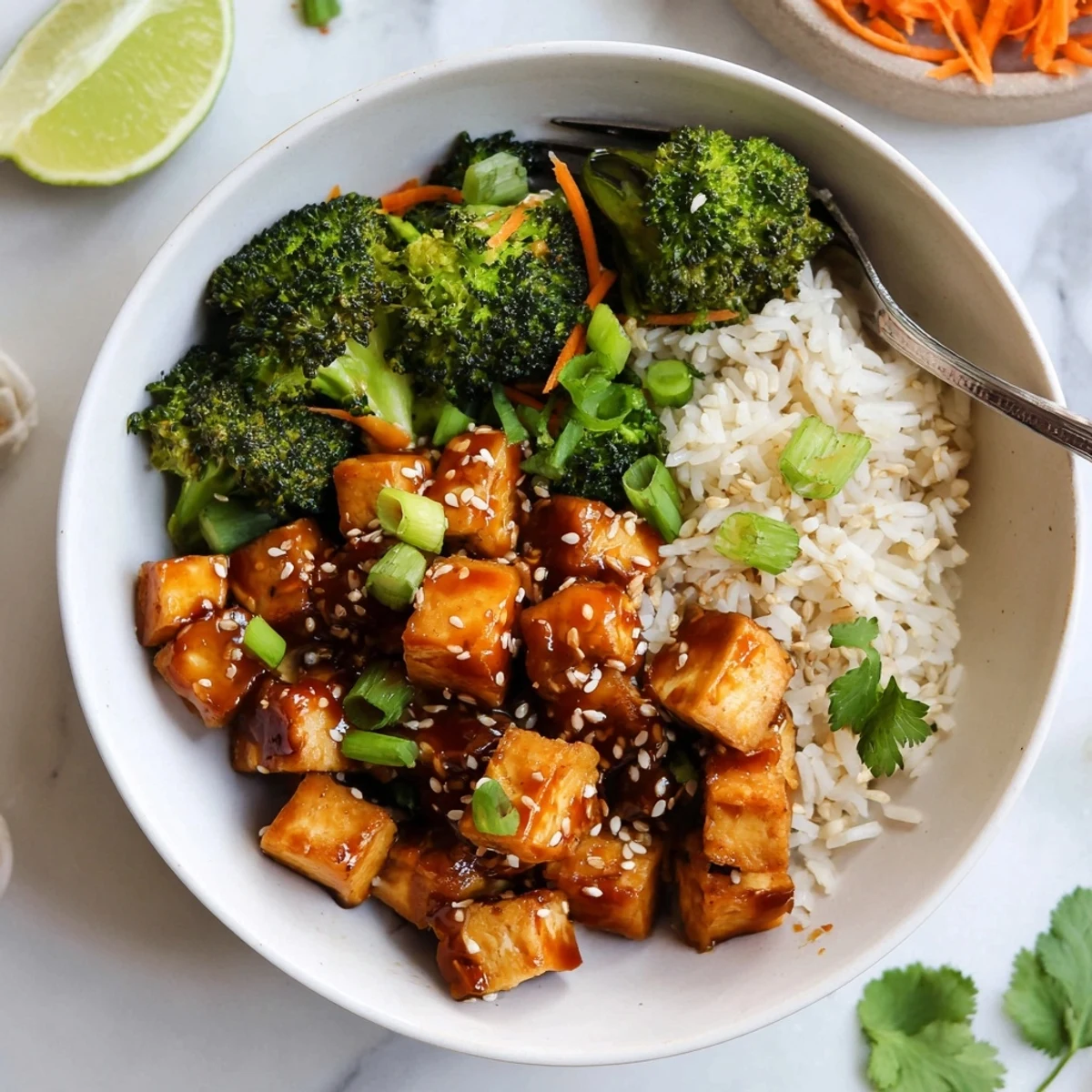 Citrus-kissed Sticky Maple Sriracha Tofu Vegan Bowl with Sesame Broccoli, aromatic garlic.