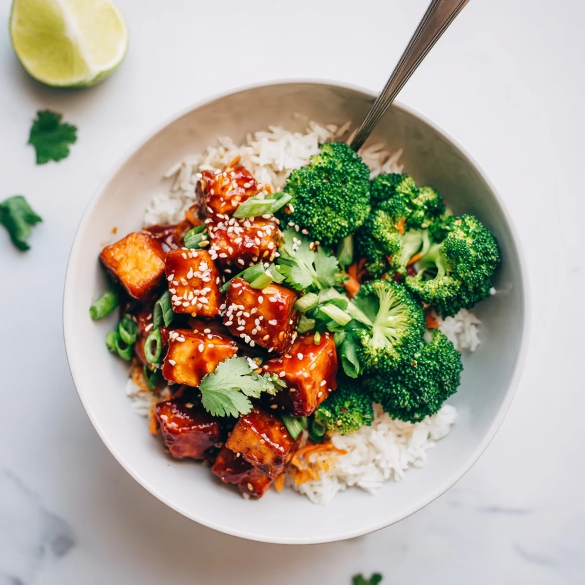 A steaming Sticky Maple Sriracha Tofu Vegan Bowl with Sesame Broccoli, crunchy carrots.