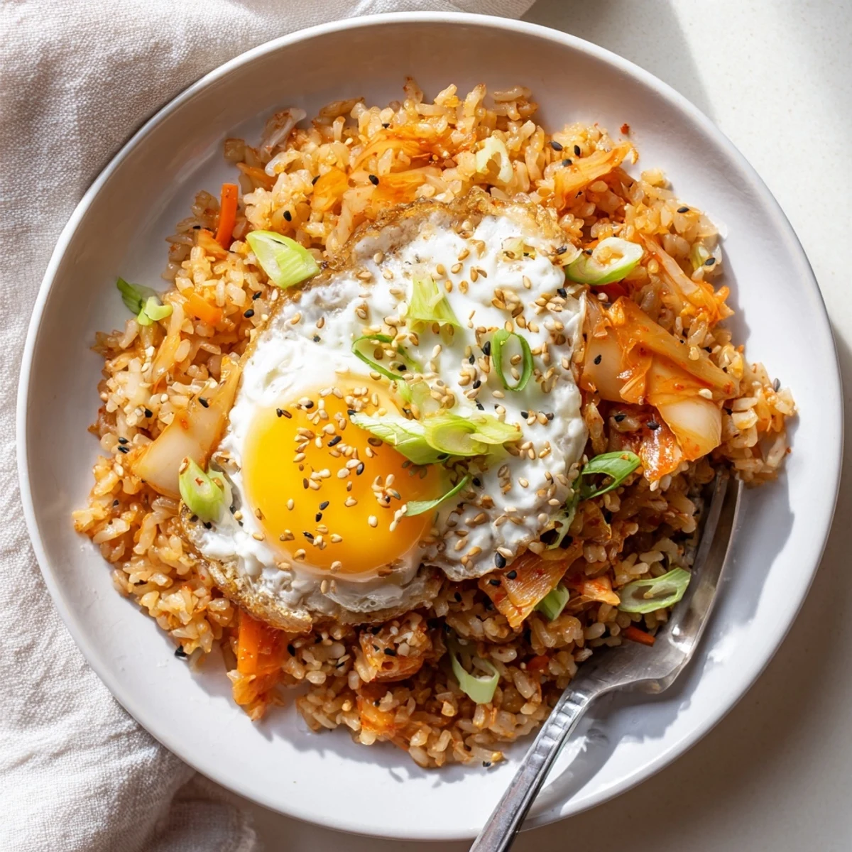 Kimchi Garlic Chili Fried Rice with Scallions steaming, tangy, topped with fried egg