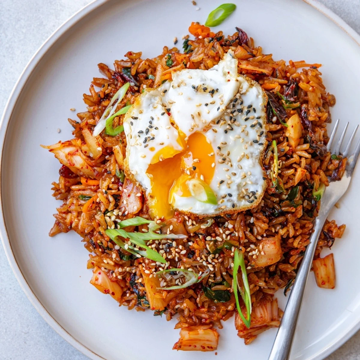 Pan-sizzled Kimchi Garlic Chili Fried Rice with Scallions, bright red kimchi glaze