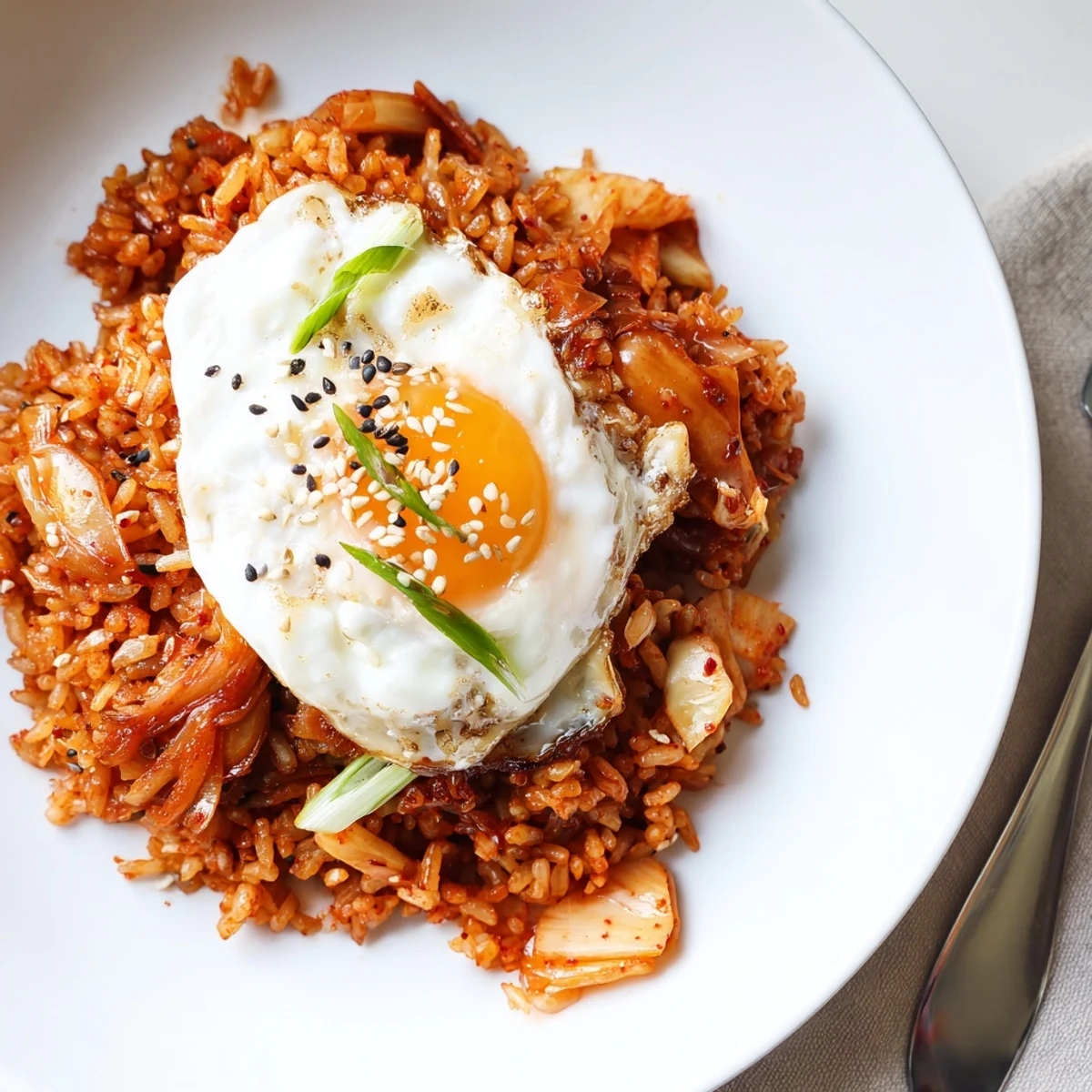 Bowl of Kimchi Garlic Chili Fried Rice with Scallions, sesame-speckled, aromatic