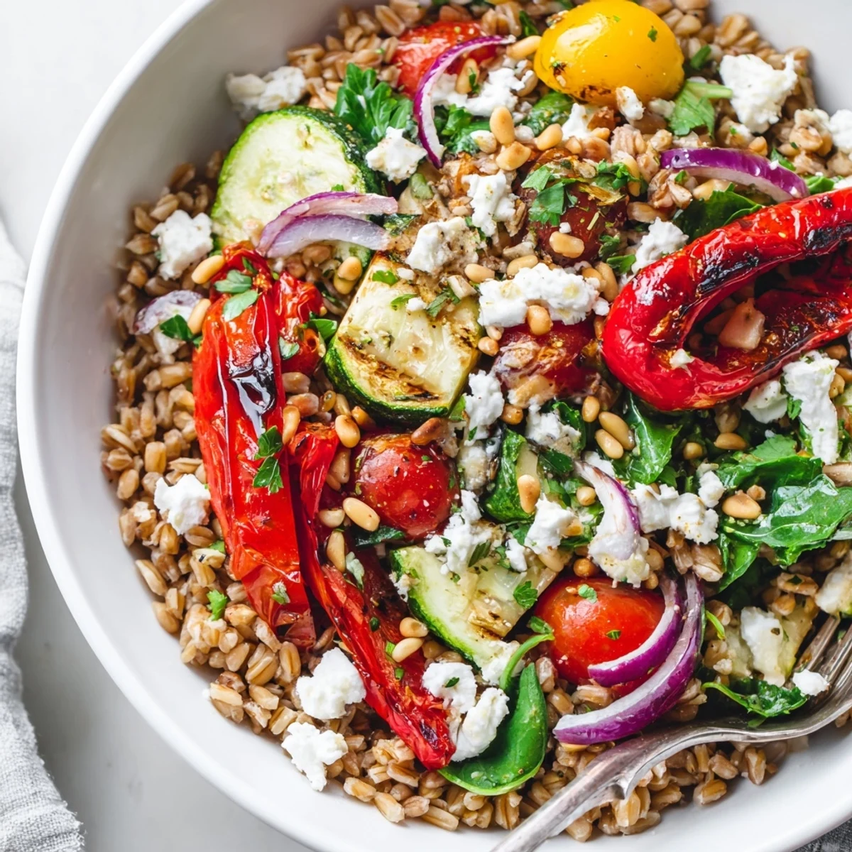 Charred red peppers, creamy feta on Mediterranean Roasted Pepper Farro Grain Bowl with Feta