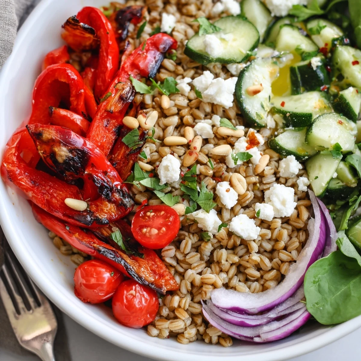 Toasted pine nuts and tomatoes brighten Mediterranean Roasted Pepper Farro Grain Bowl with Feta