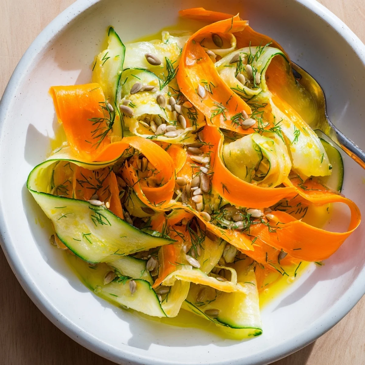 Shaved Cucumber Carrot Dill Salad Bowl with Sunflower Seeds, tossed in lemon vinaigrette.