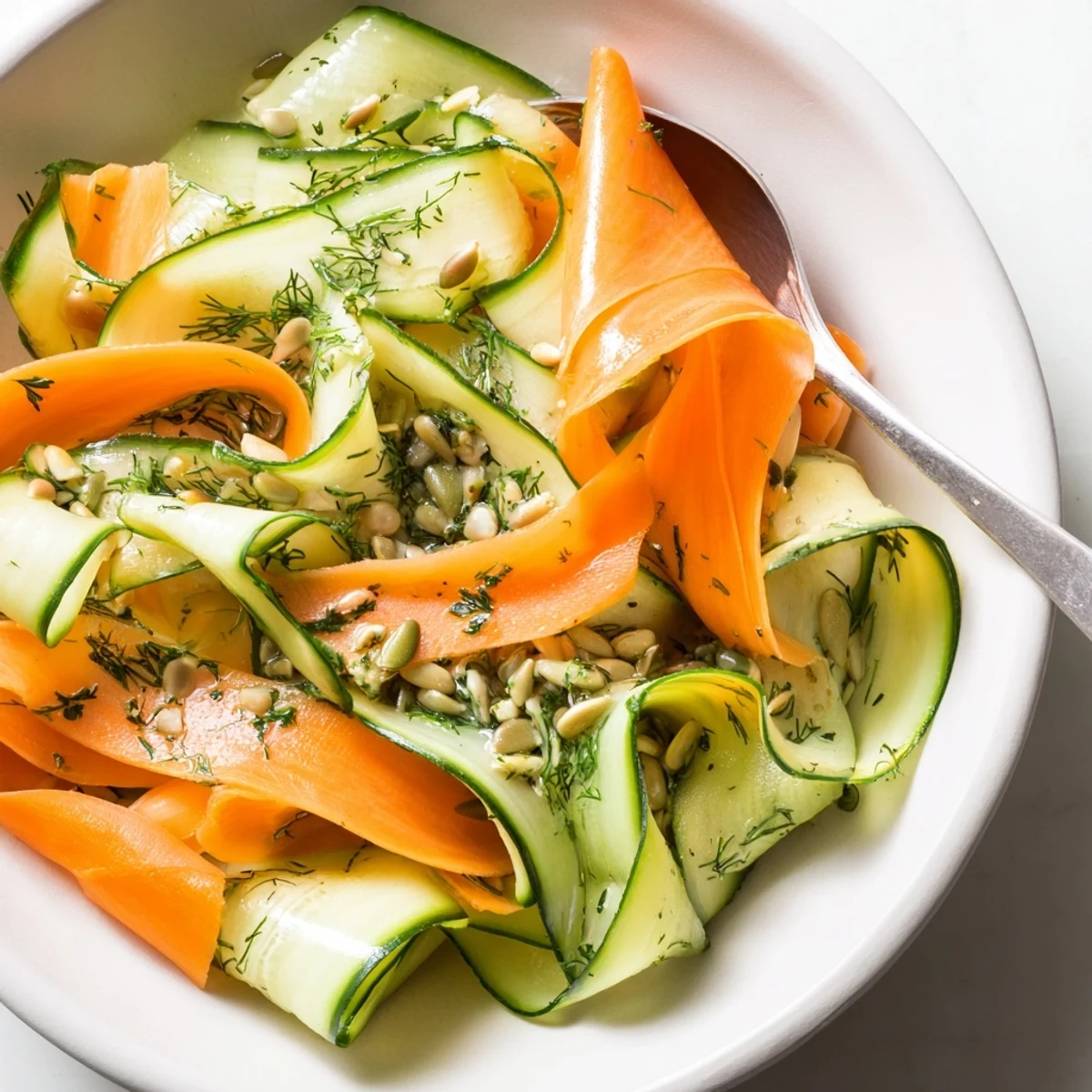 Crisp, lemony Shaved Cucumber Carrot Dill Salad Bowl with Sunflower Seeds, served chilled.