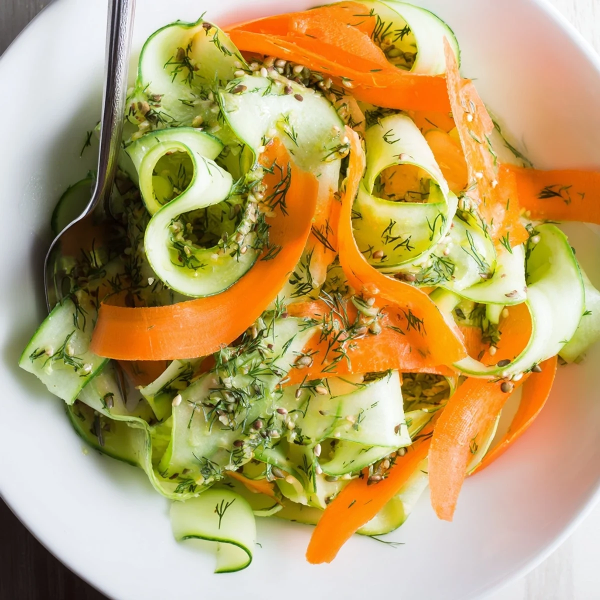 Zesty, crunchy Shaved Cucumber Carrot Dill Salad Bowl with Sunflower Seeds for light lunches.