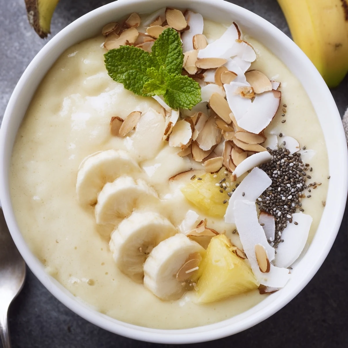 Vibrant Pineapple Banana Coconut Smoothie Bowl with Almond Crunch garnished with fresh mint