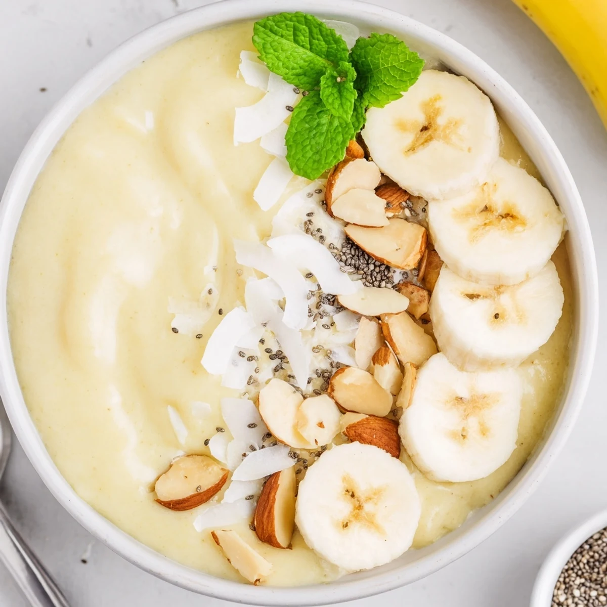 Pineapple Banana Coconut Smoothie Bowl with Almond Crunch, creamy tropical base and crunchy topping