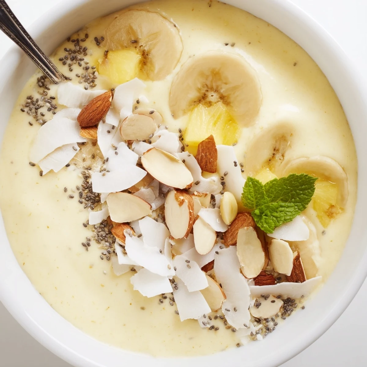 Spoon-ready Pineapple Banana Coconut Smoothie Bowl with Almond Crunch, silky base, toasted almonds