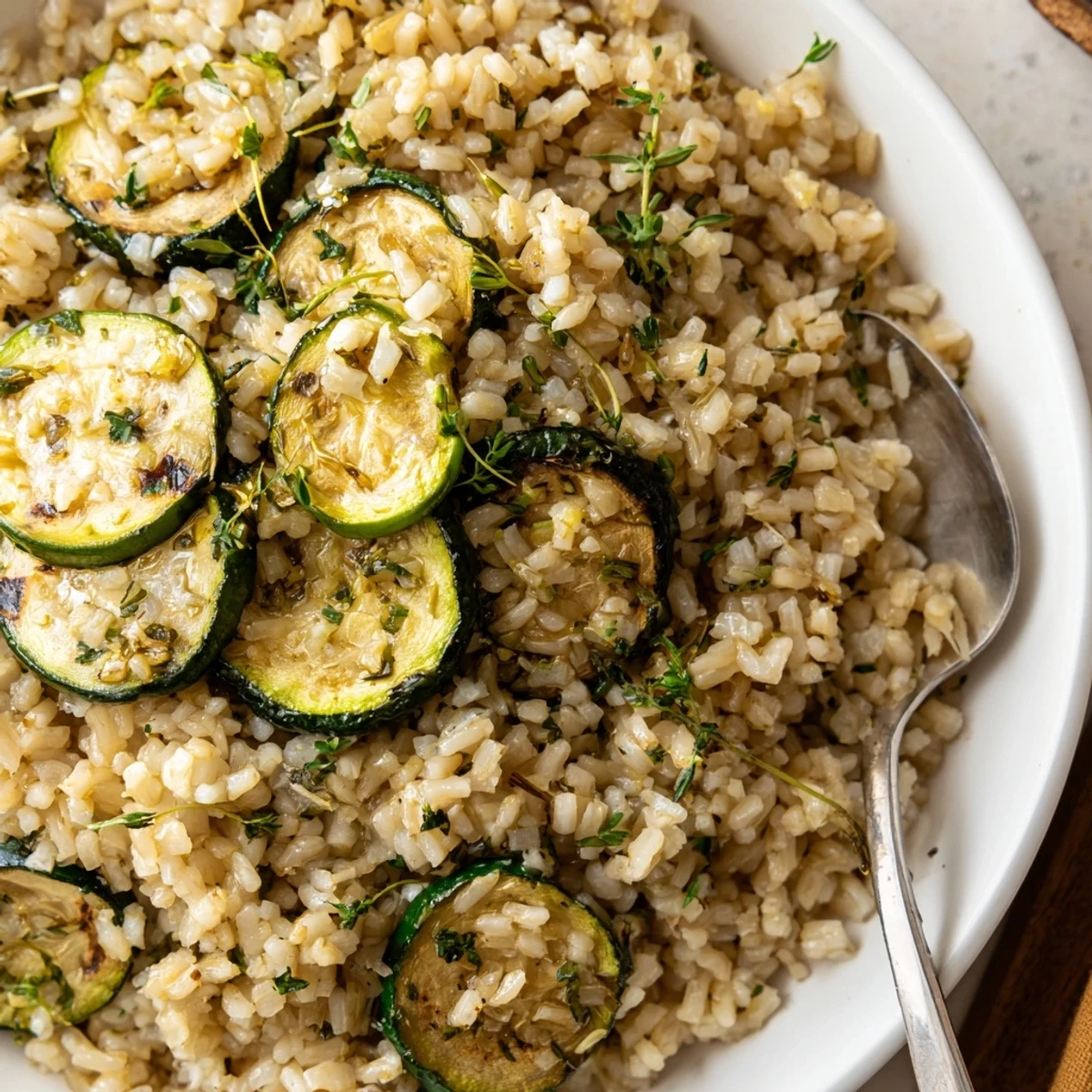 Garlic Herb Brown Rice with Roasted Zucchini steaming, fragrant, garnished with parsley