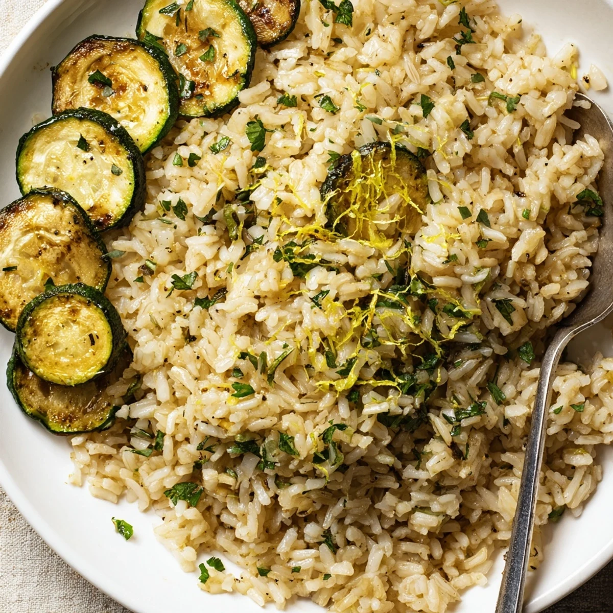 Hearty Garlic Herb Brown Rice with Roasted Zucchini, garlicky aroma and tender roasted rounds