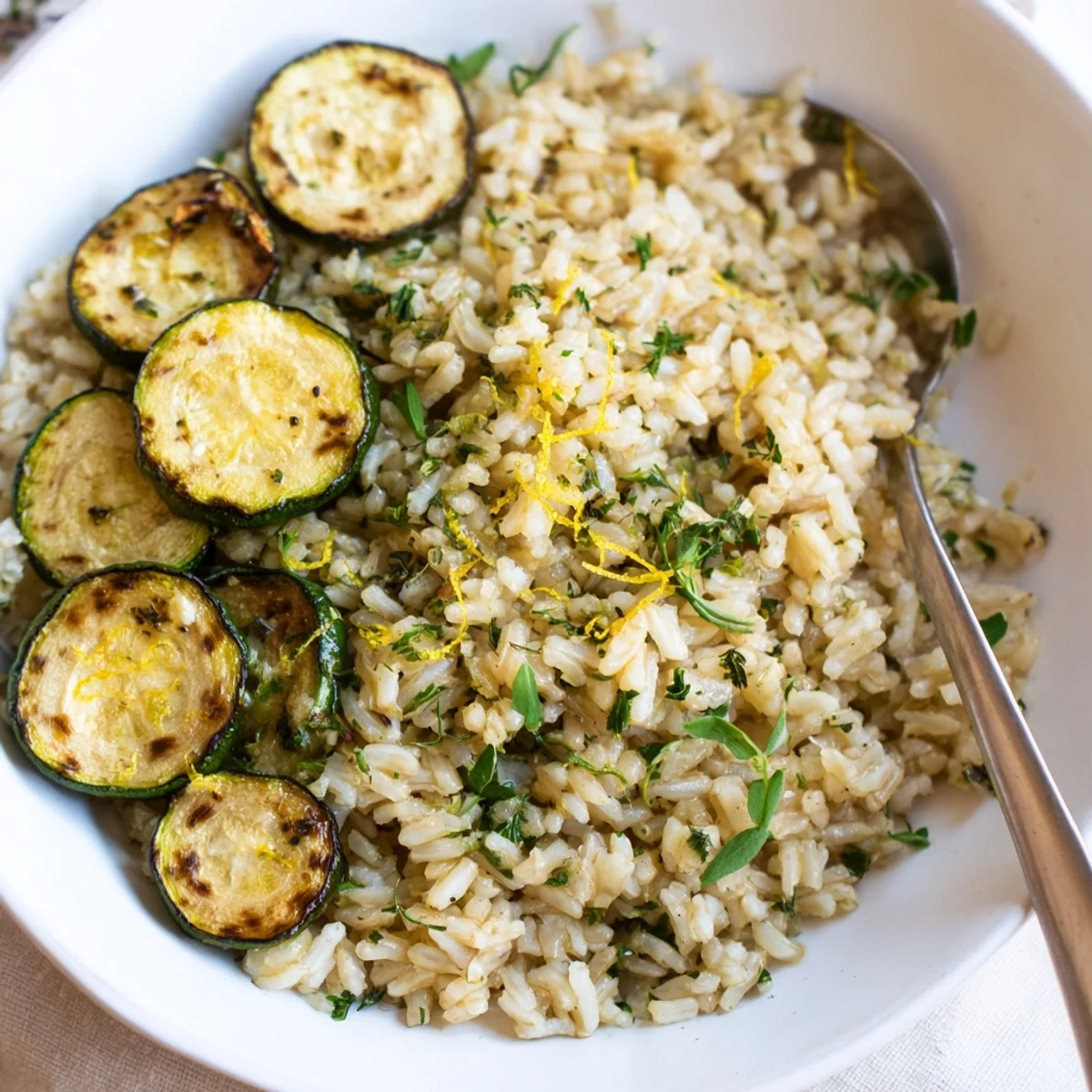 Plate of Garlic Herb Brown Rice with Roasted Zucchini, lemon zest brightening