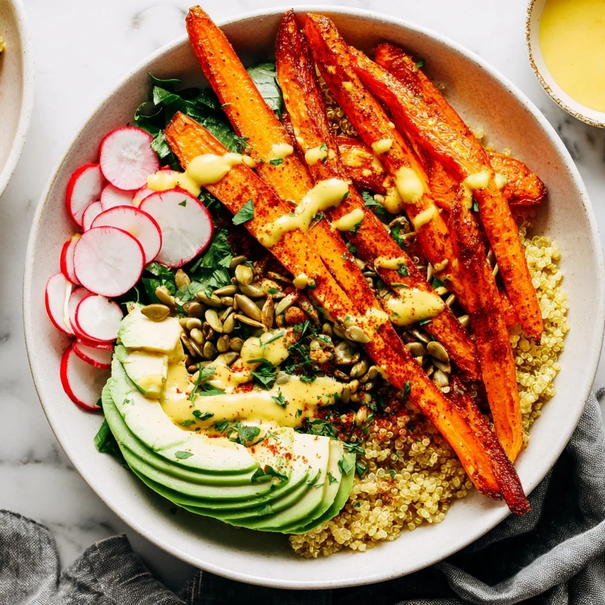 Roasted Carrot Turmeric Quinoa Grain Bowl with Citrus Tahini plated, warm golden carrots.