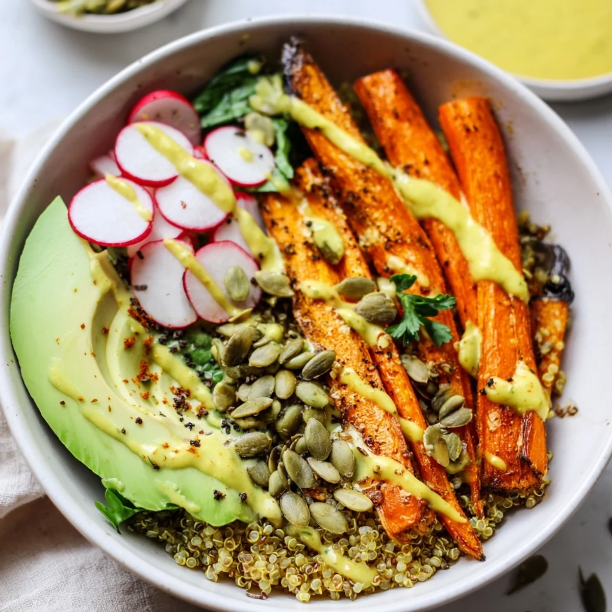 Bright Roasted Carrot Turmeric Quinoa Grain Bowl with Citrus Tahini, avocado slices.