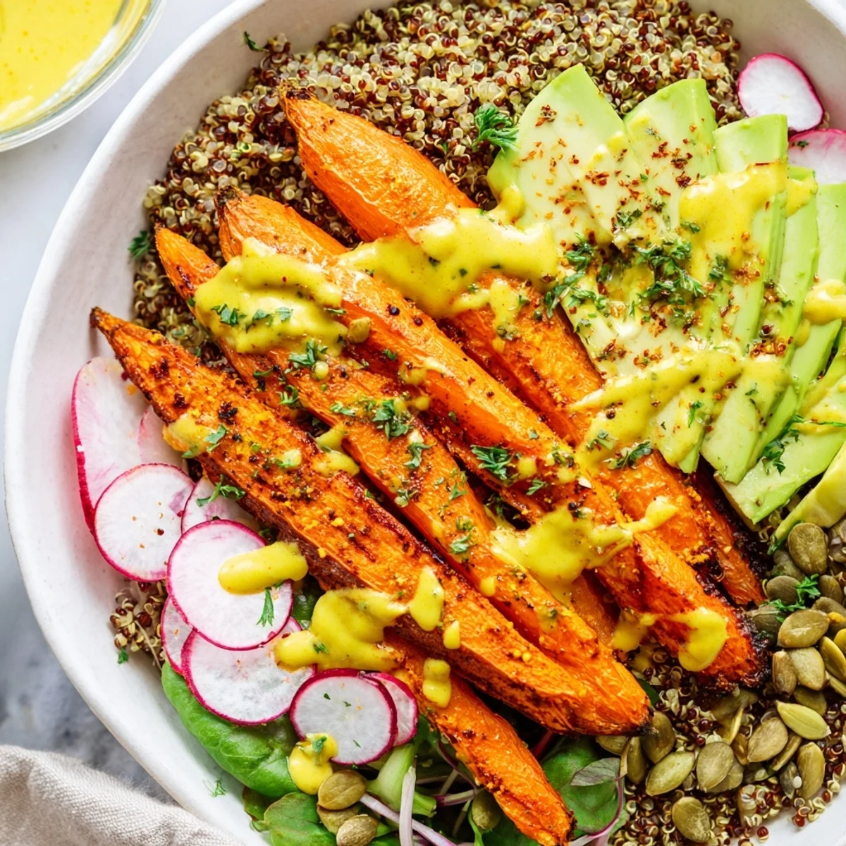 Warm carrots and quinoa in Roasted Carrot Turmeric Quinoa Grain Bowl with Citrus Tahini.