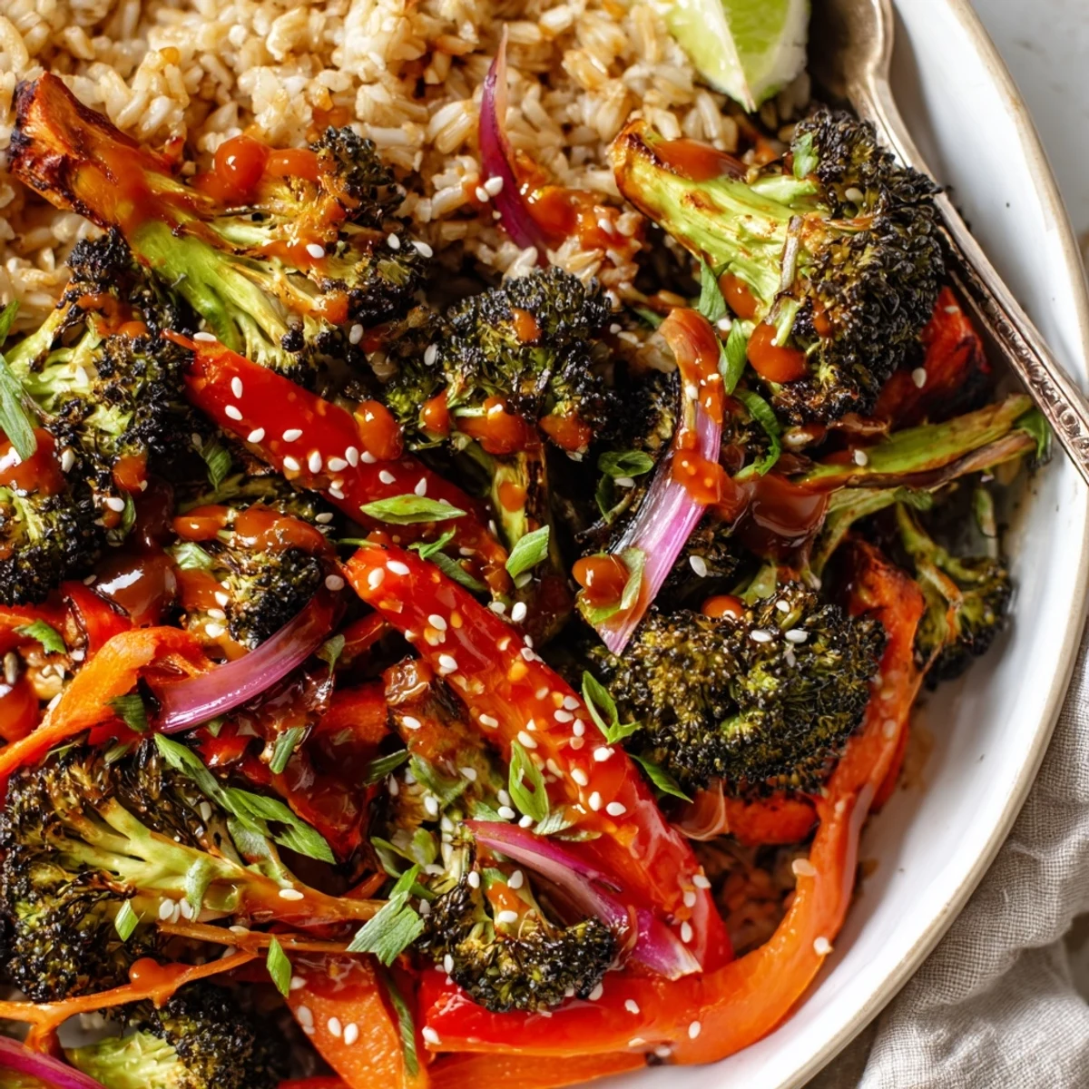 Steaming Spicy Gochujang Roasted Broccoli Veggie Bowl with Sesame Seeds topped with scallions