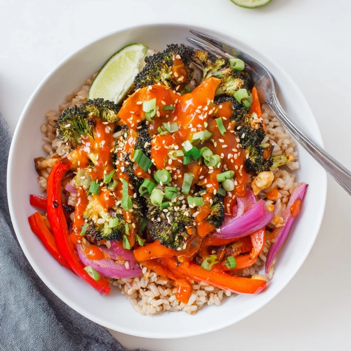 Spicy Gochujang Roasted Broccoli Veggie Bowl with Sesame Seeds served over brown rice