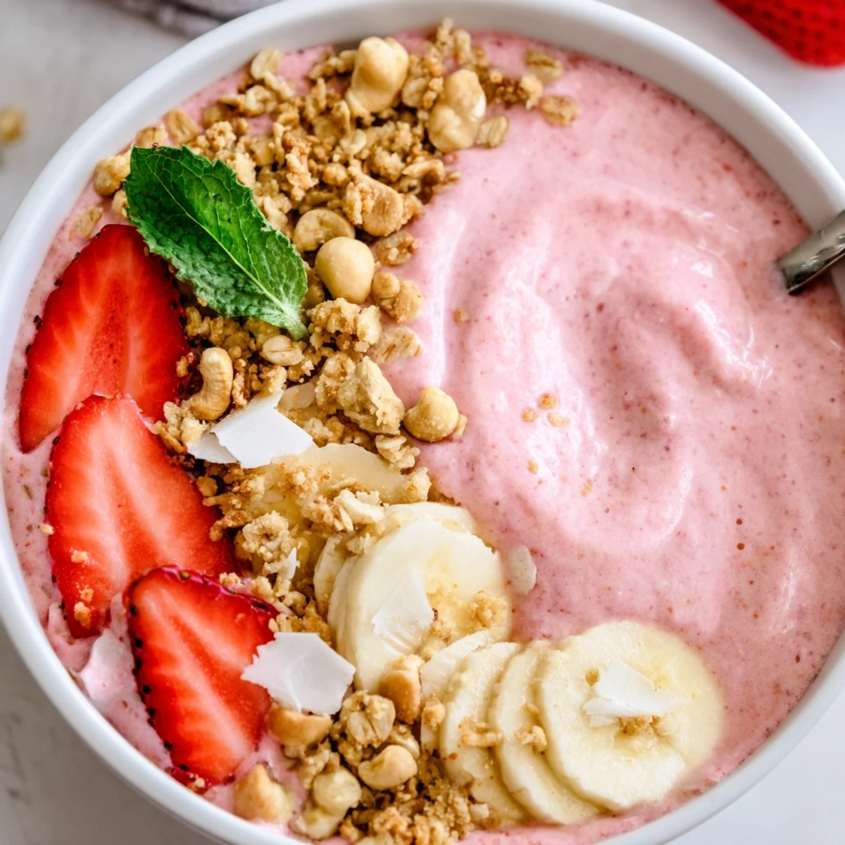 Strawberry Coconut Cashew Smoothie Bowl with Granola Crumble, creamy pink base topped with strawberries.
