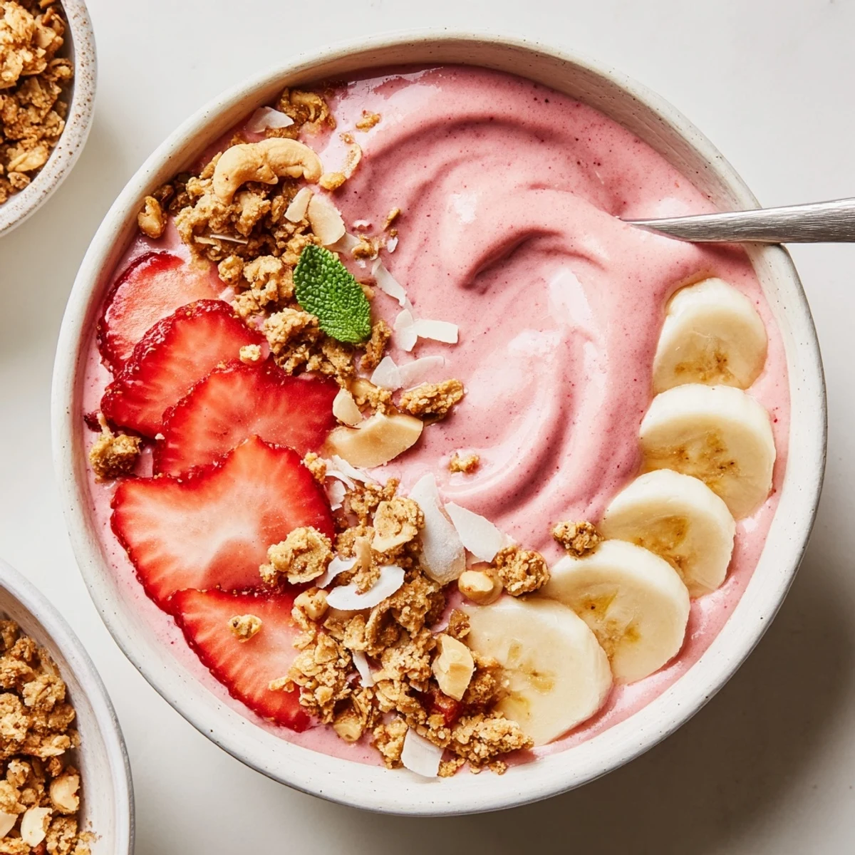 Spoon in hand over Strawberry Coconut Cashew Smoothie Bowl with Granola Crumble, velvety.