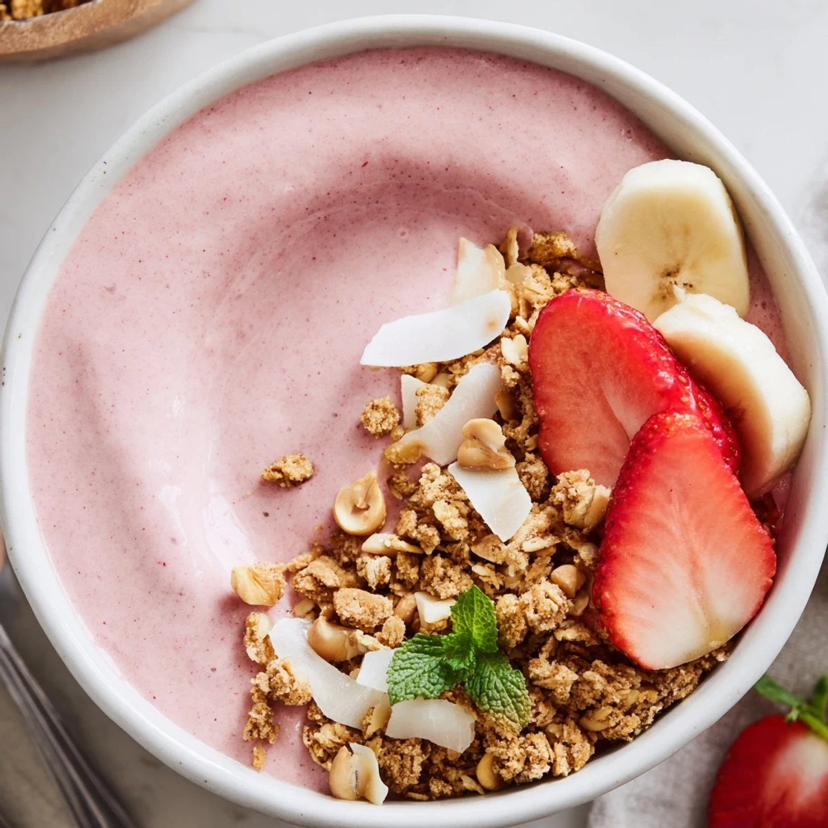 Morning sunlight on bowl reveals Strawberry Coconut Cashew Smoothie Bowl with Granola Crumble.