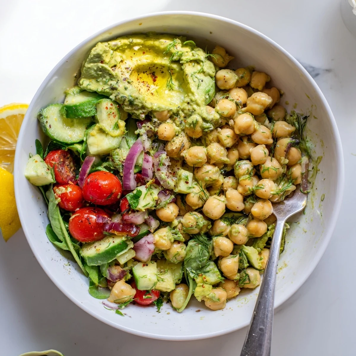 Tossed in dill-lemon dressing, Creamy Avocado Dill Chickpea Salad Bowl with Lemon.