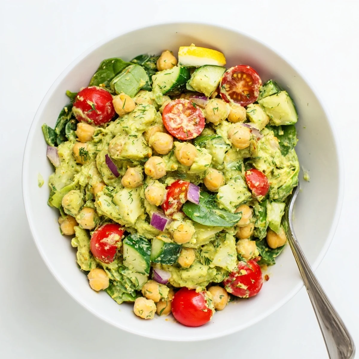 Crunchy cucumbers and cherry tomatoes on Creamy Avocado Dill Chickpea Salad Bowl with Lemon.