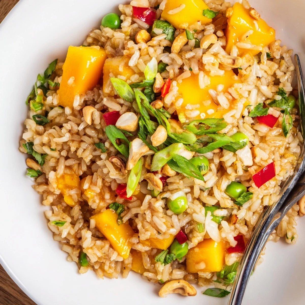 Steaming wok of Chili Lime Mango Fried Rice, bright cilantro garnish.