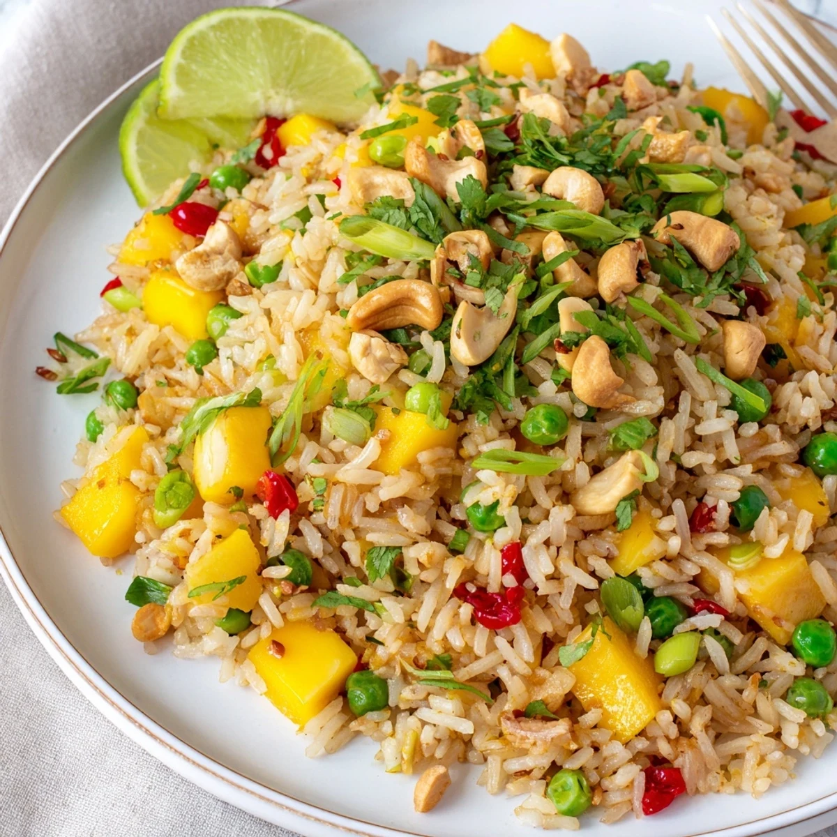 Sweet and spicy Chili Lime Mango Fried Rice plated with lime wedge and cashews.