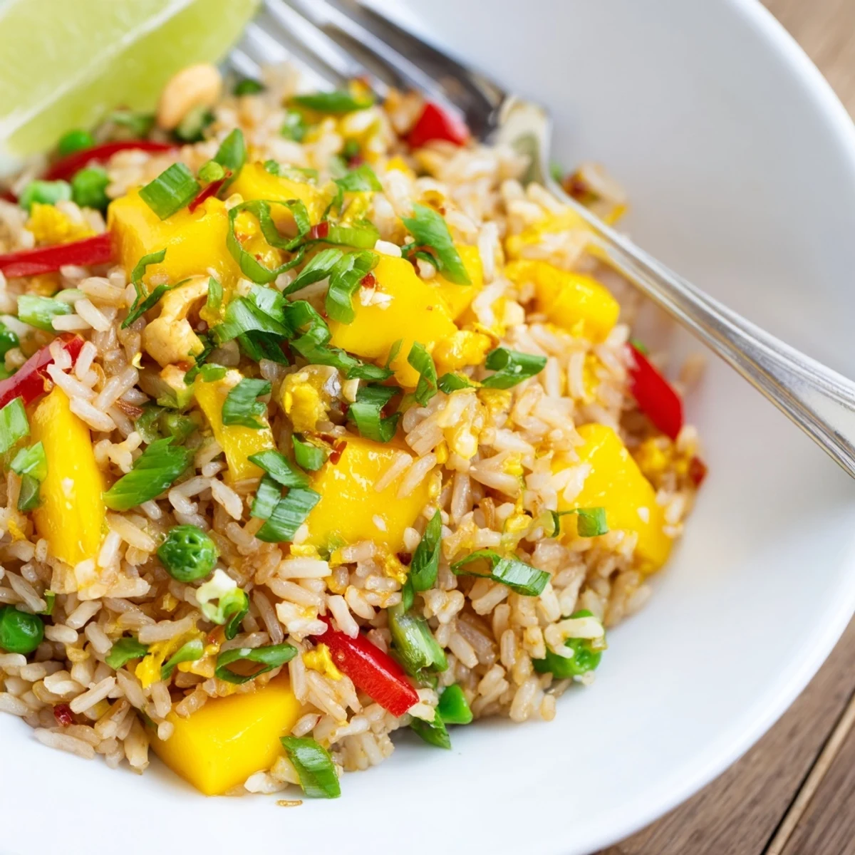 Tangy bowl of Chili Lime Mango Fried Rice topped with chopped cilantro.