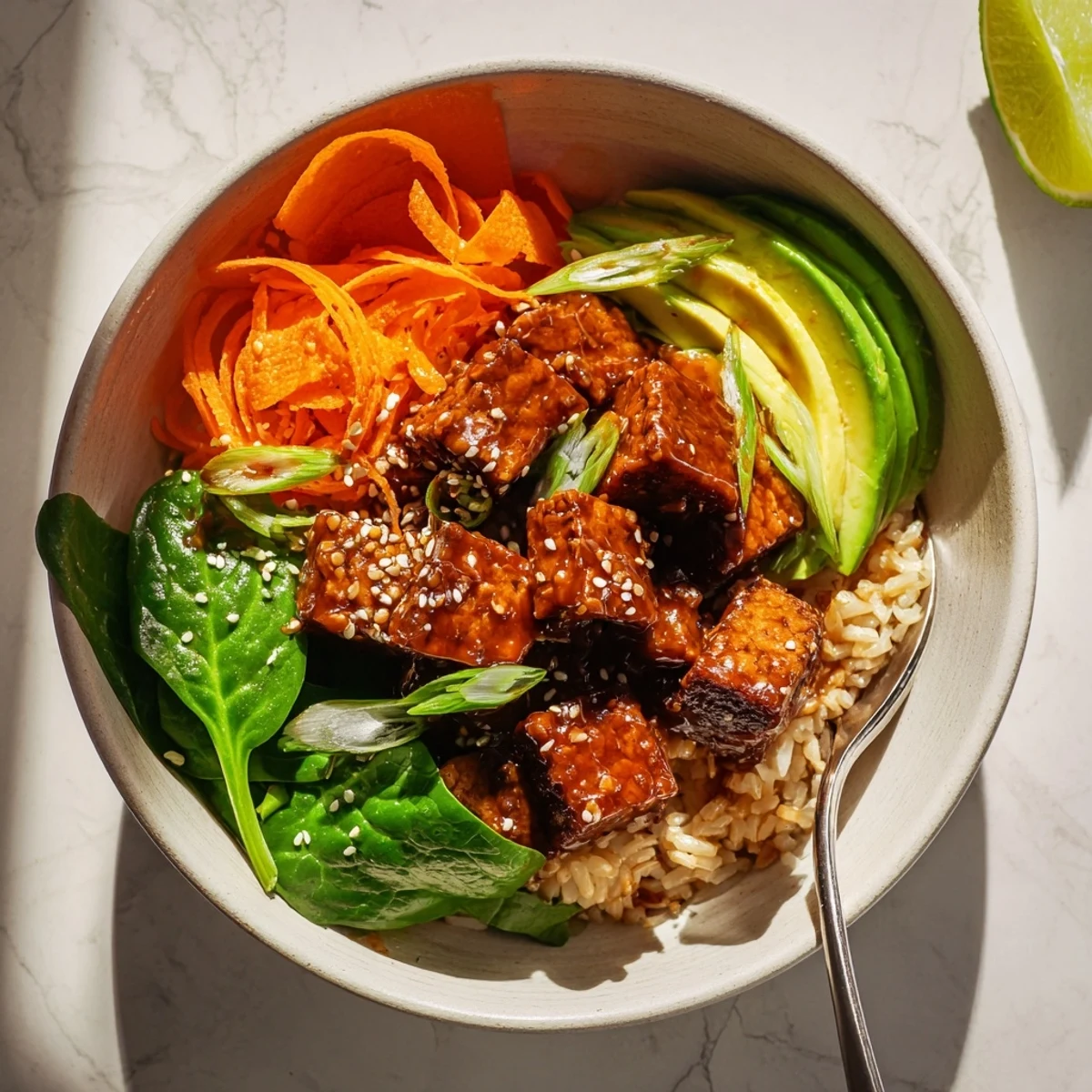 Sticky Orange Maple Tempeh Vegan Bowl with Sesame Greens glistening over jasmine rice