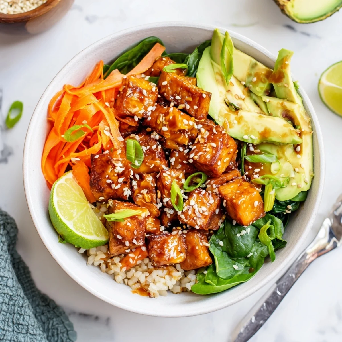 Pan-seared tempeh glazed in Sticky Orange Maple Tempeh Vegan Bowl with Sesame Greens