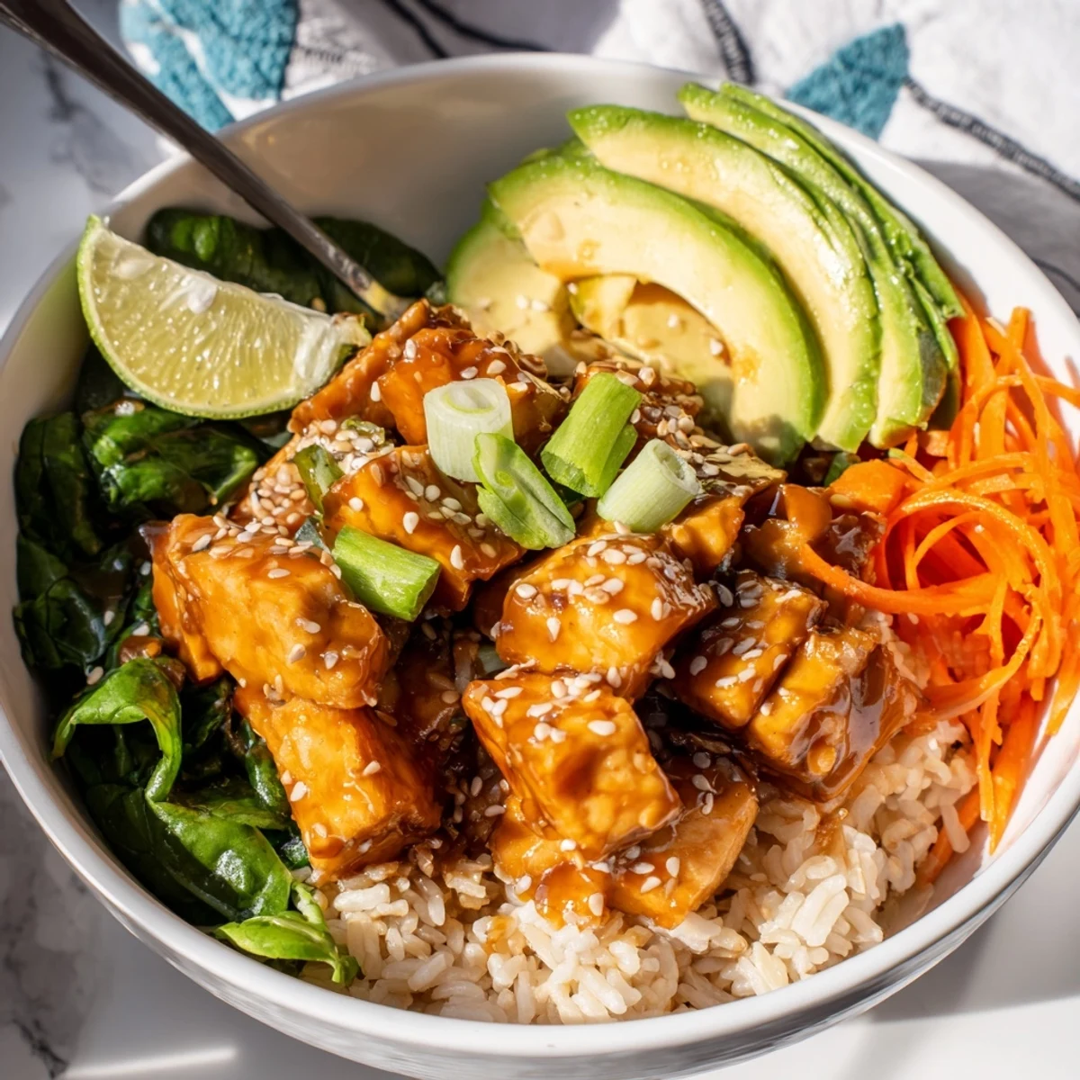 Creamy avocado slices crown Sticky Orange Maple Tempeh Vegan Bowl with Sesame Greens
