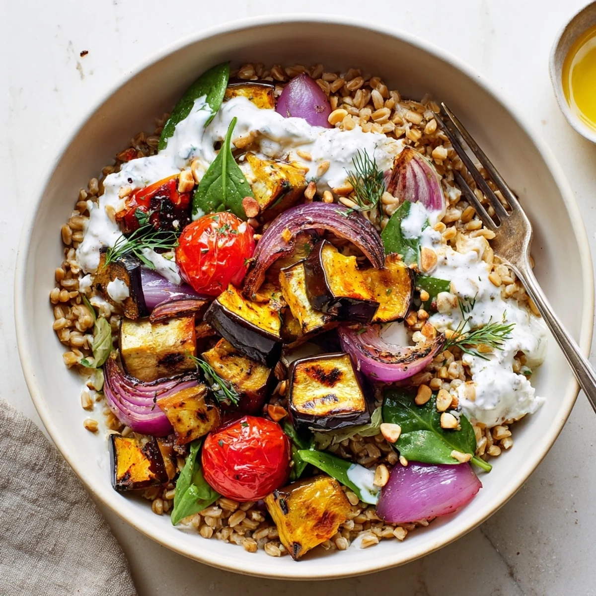 Mediterranean Roasted Eggplant Farro Grain Bowl with Yogurt, crunchy pine nuts and lemon