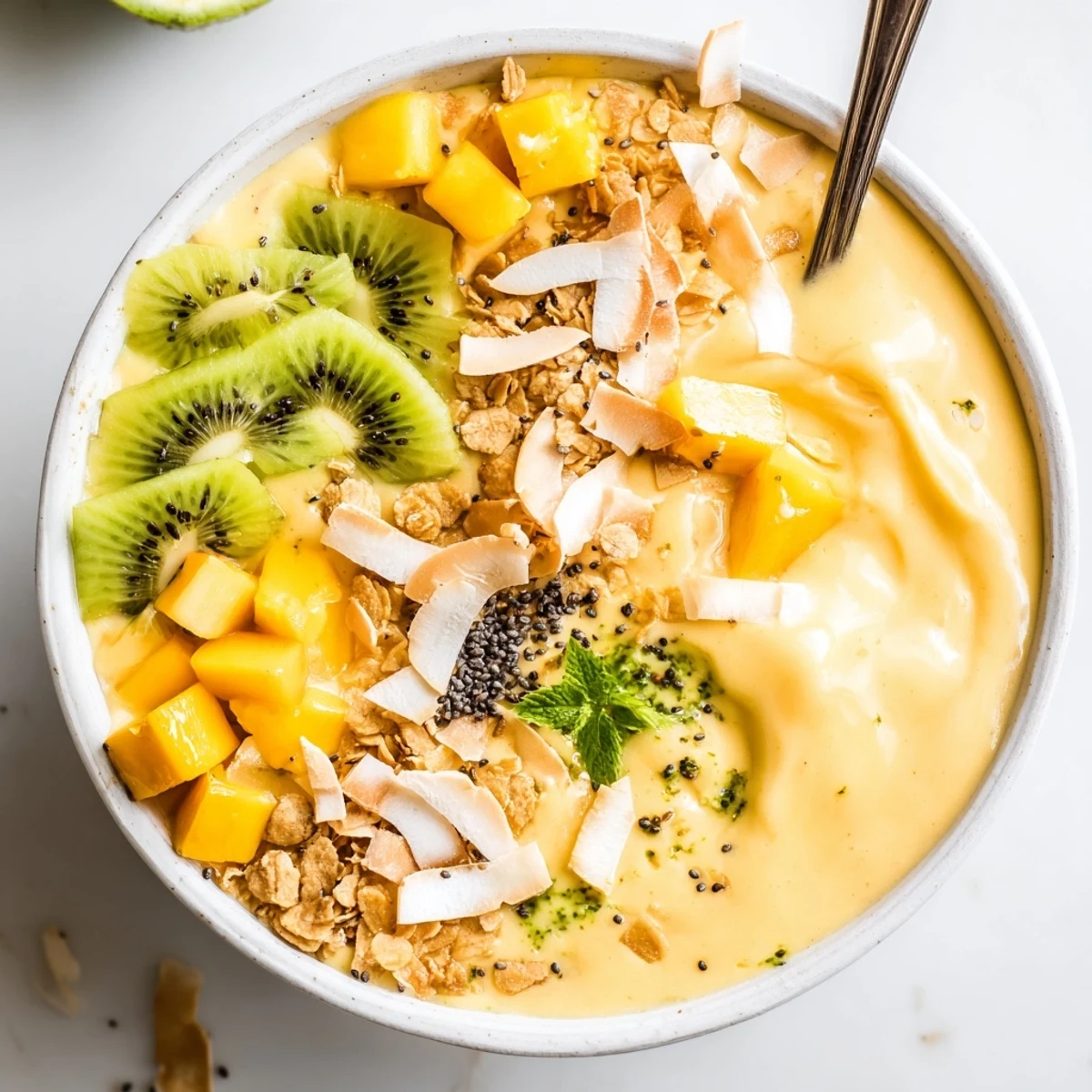 Mango Lime Coconut Smoothie Bowl with Toasted Coconut Flakes, creamy mango and lime