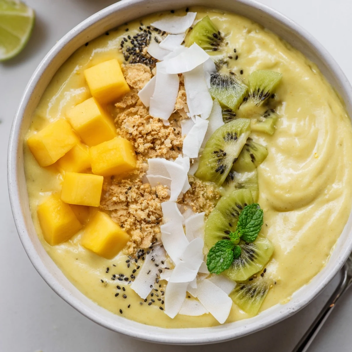 Chilled Mango Lime Coconut Smoothie Bowl with Toasted Coconut Flakes, topped with crunchy granola