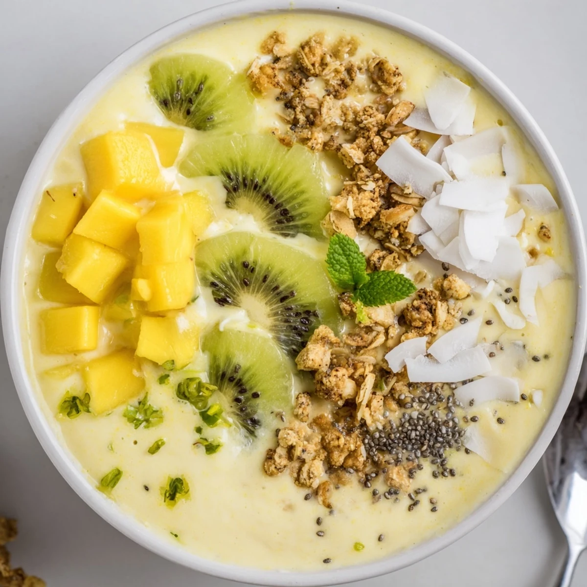 Served in bowls, Mango Lime Coconut Smoothie Bowl with Toasted Coconut Flakes and mint