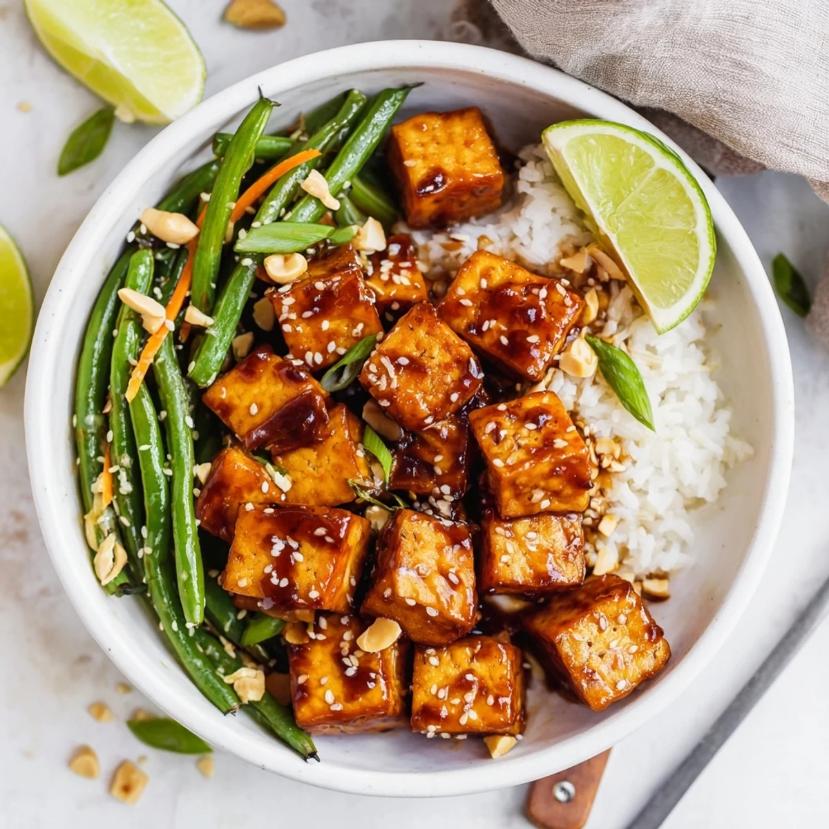 Sticky Maple Chili Tofu Vegan Bowl with Sesame Green Beans glistening over jasmine rice