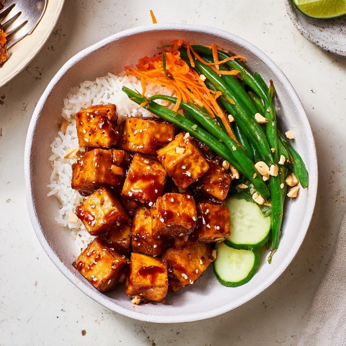 Crispy cubes top Sticky Maple Chili Tofu Vegan Bowl with Sesame Green Beans
