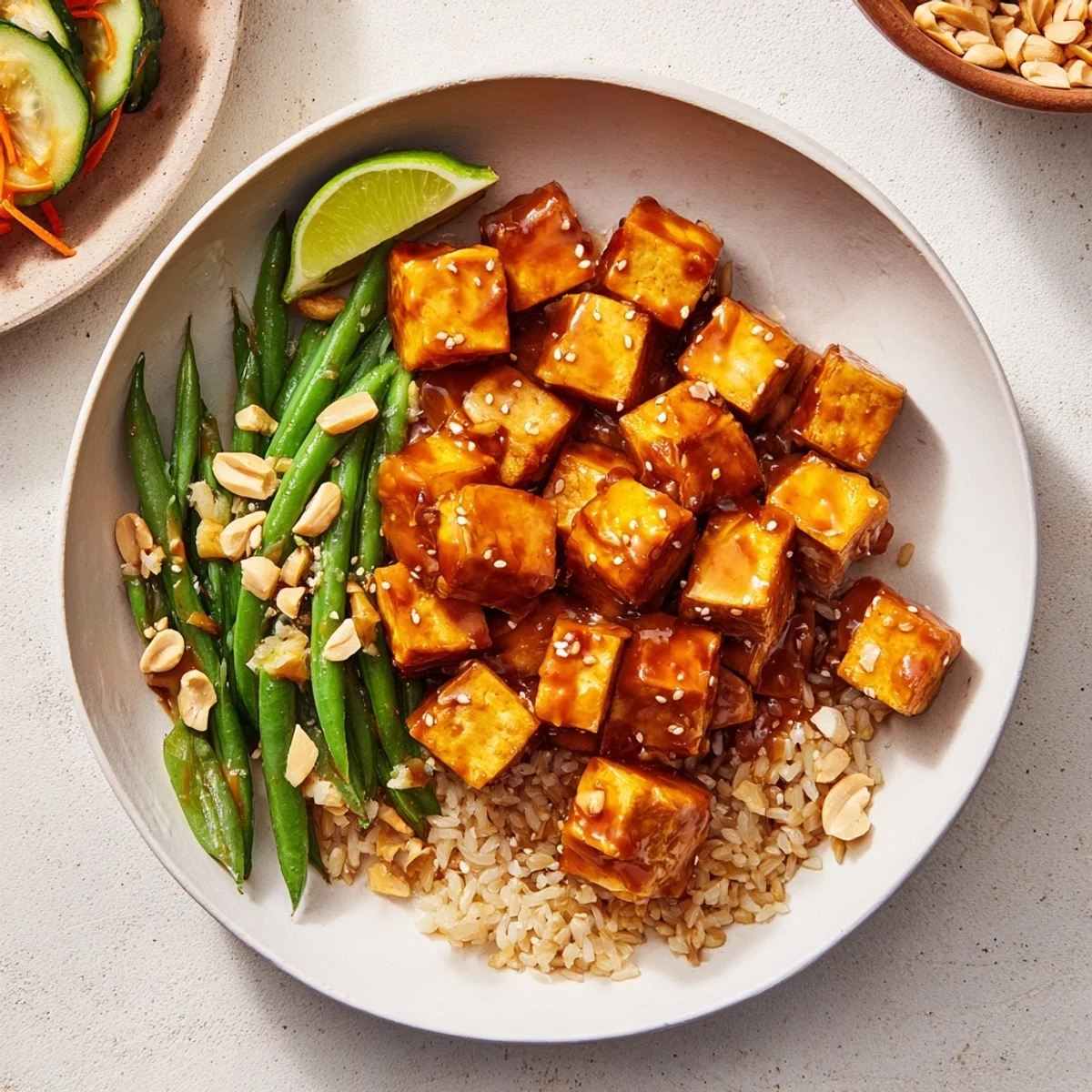 Maple glaze coats Sticky Maple Chili Tofu Vegan Bowl with Sesame Green Beans