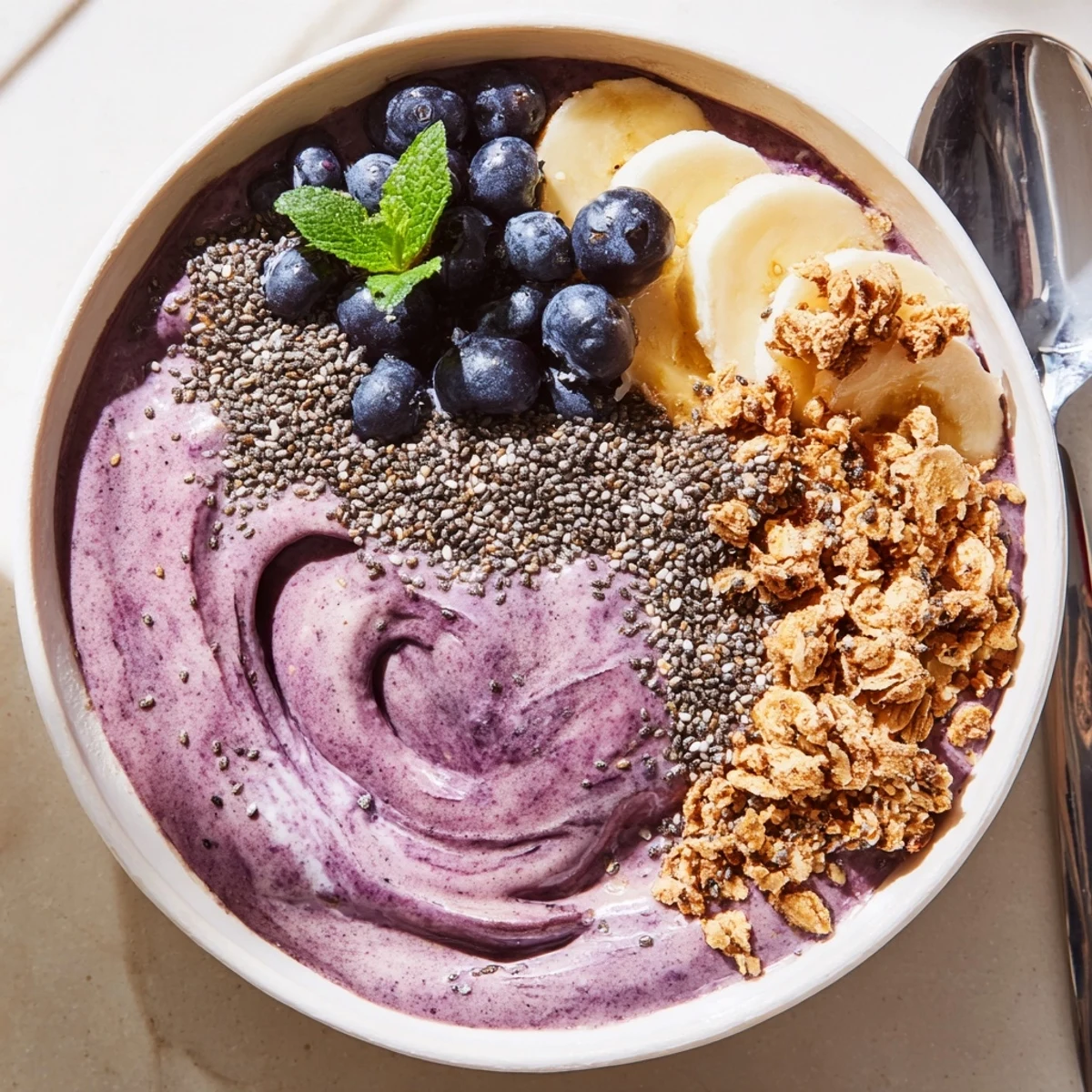 Velvety tropical Blueberry Banana Coconut Smoothie Bowl with Granola Clusters topped with banana