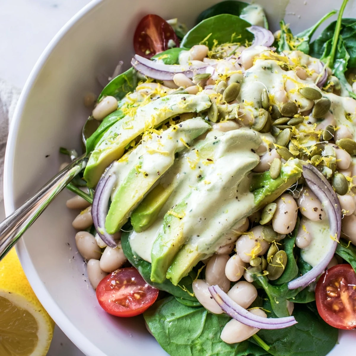 Creamy Avocado Spinach White Bean Salad Bowl with Lemon Zest, bright citrus aroma