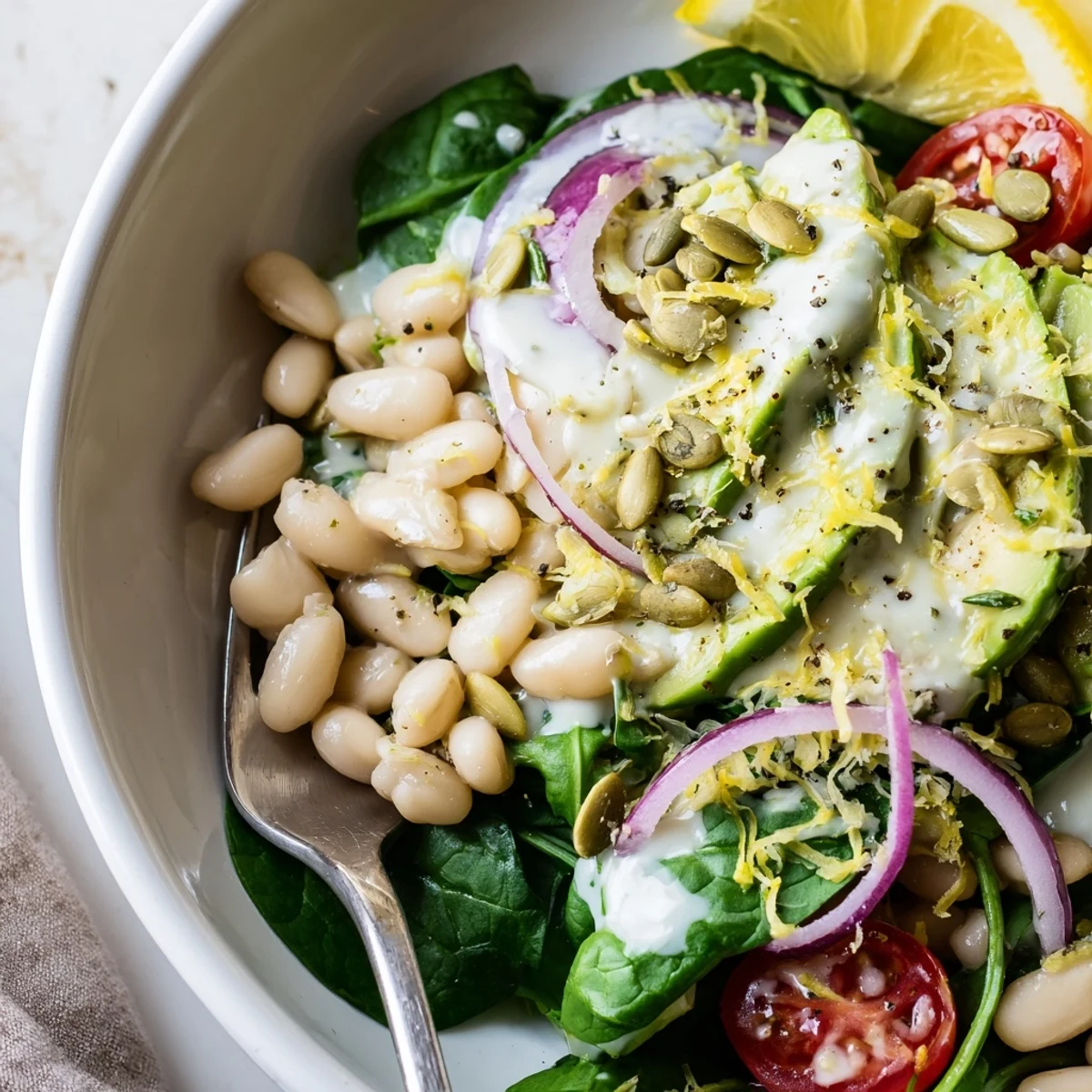 Creamy Avocado Spinach White Bean Salad Bowl with Lemon Zest, silky avocado, zesty dressing