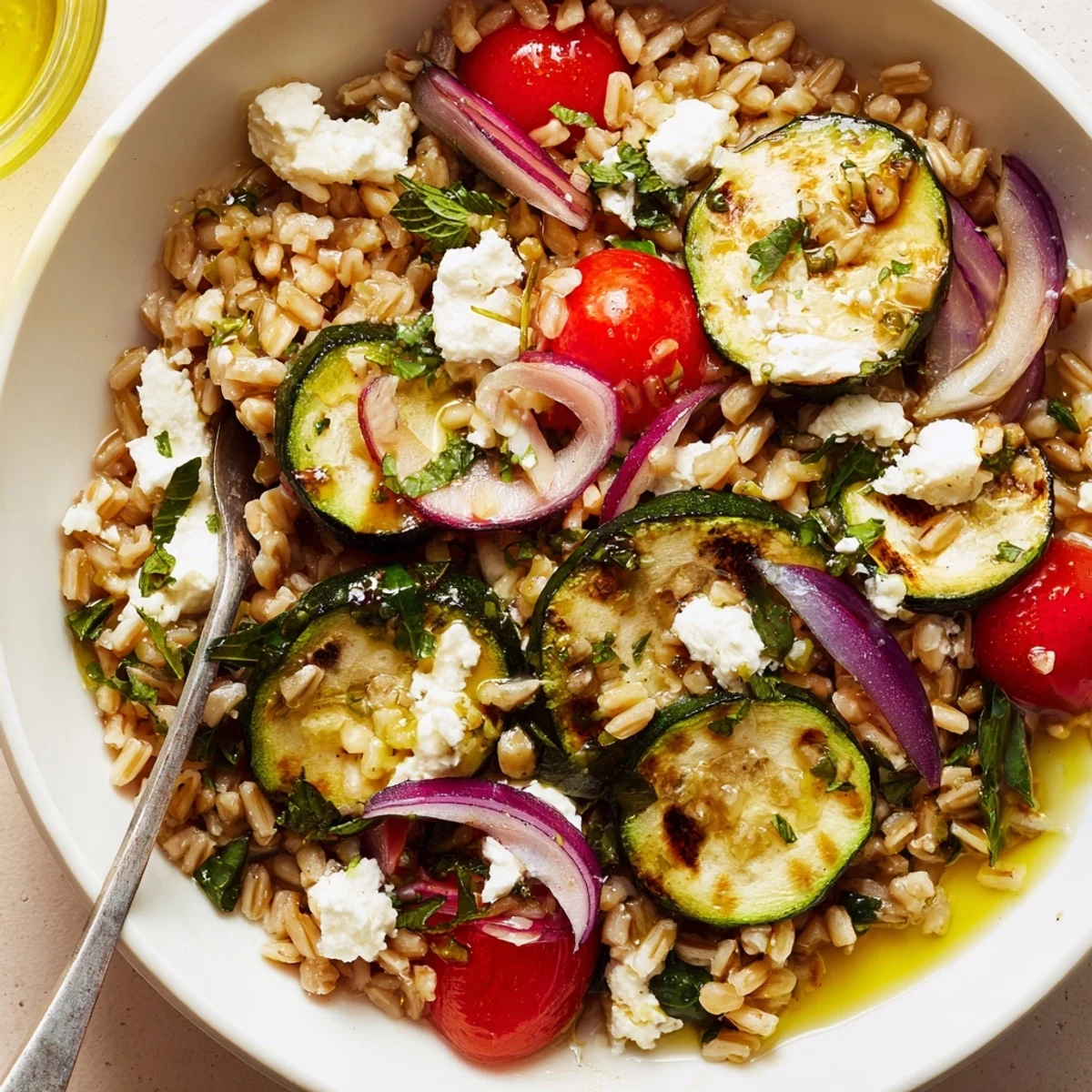 Bright oven roasted vegetables on Mediterranean Roasted Zucchini Farro Grain Bowl with Feta Crumble