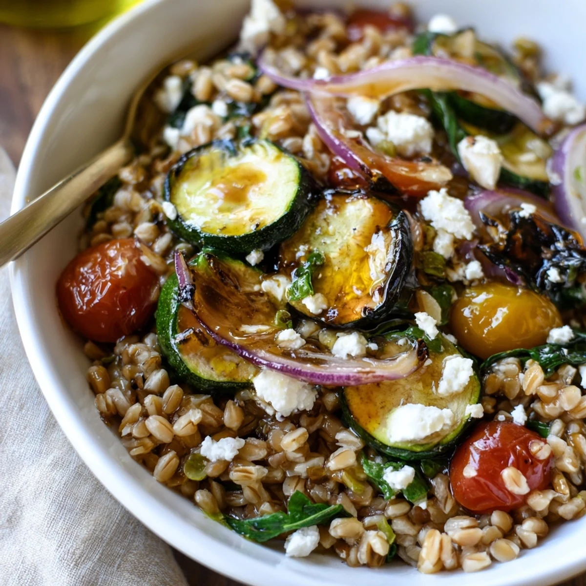 Mediterranean Roasted Zucchini Farro Grain Bowl with Feta Crumble, nutty texture and lemony brightness